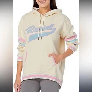 Russell Athletic Womens Vintage White Graphic Logo Hooded Sweatshirt Size Small